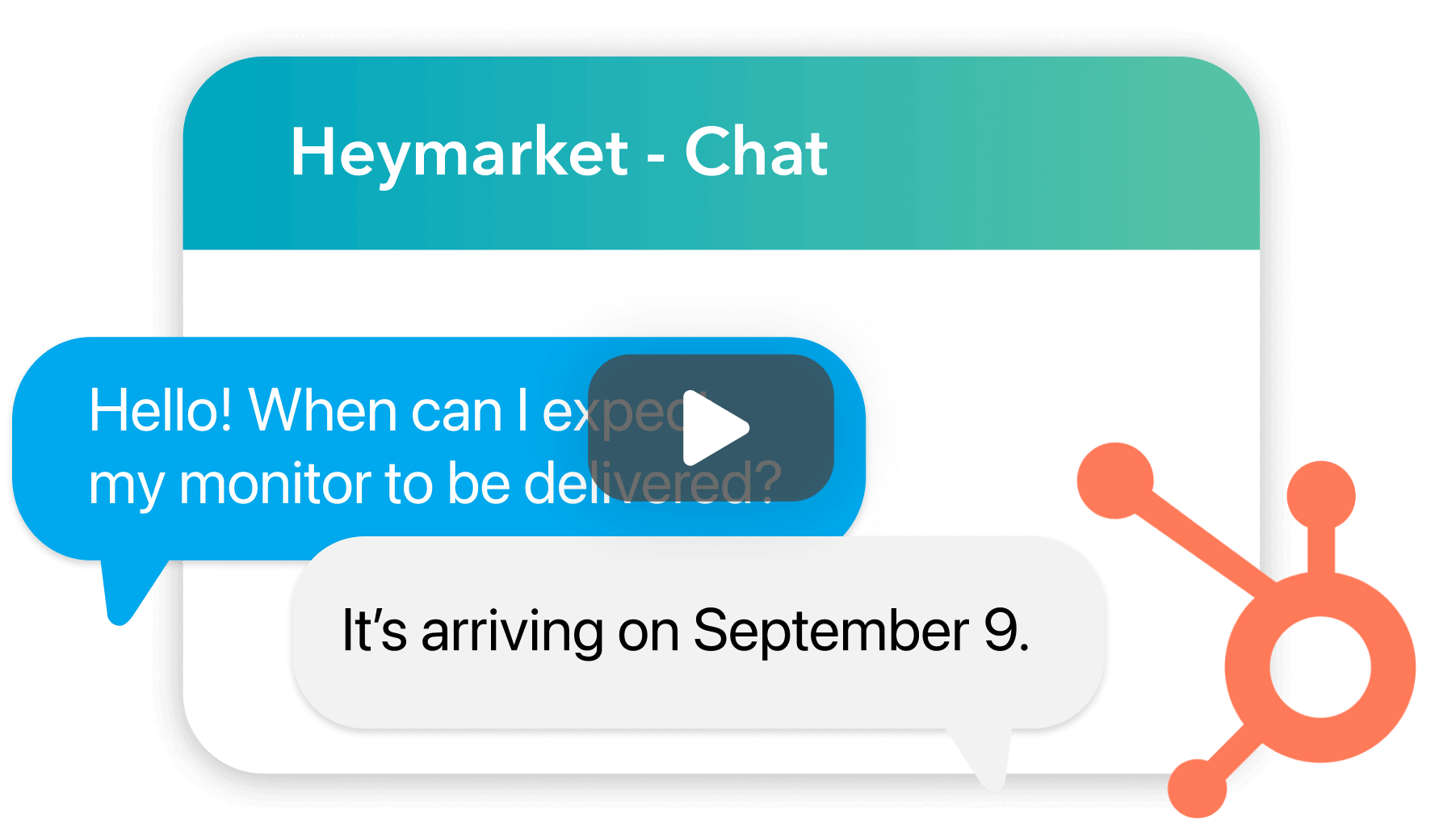 Heymarket chat window in HubSpot with yellow and black play button overlaid on top